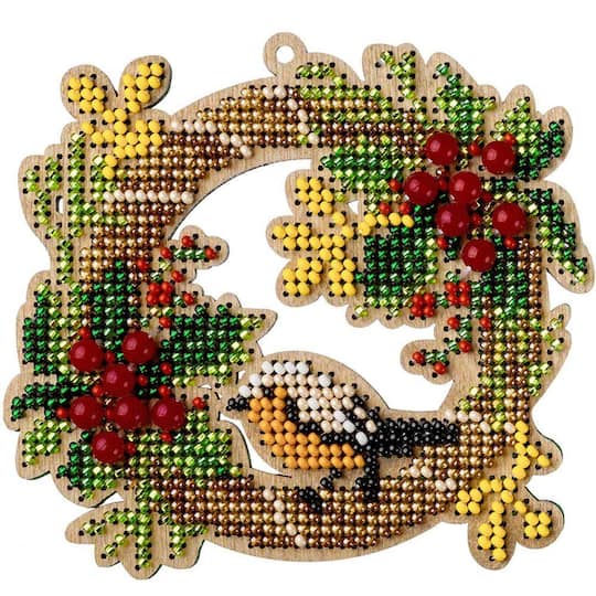 Wonderland Crafts; Wonderland Crafts Bird & Wreath Bead Embroidery on Wood Kit; Category:Embroidery; Image:1